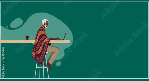 Senior man in a vibrant poncho works on his laptop at a table, embodying modern digital lifestyle and remote productivity.