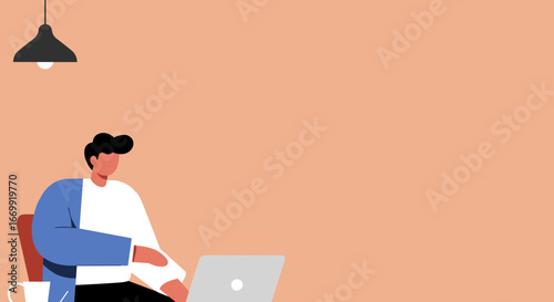 A modern illustration of a person working remotely on a laptop, ideal for concepts like productivity, freelance work, and flexible careers. Features a stylish, minimalist design with copy space.