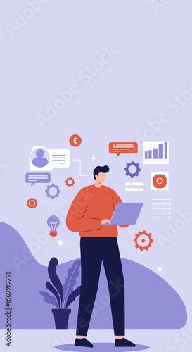 Man uses a laptop surrounded by digital icons representing business strategy, data analysis, ideas, and online communication. Perfect for technology, remote work, or consulting concepts.