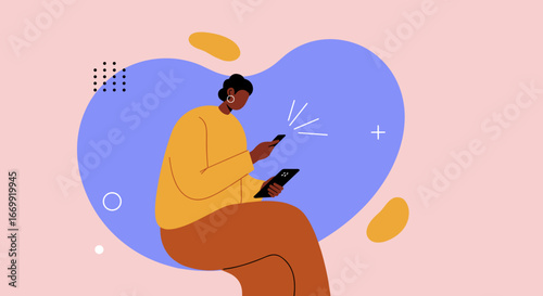Modern person multitasking with two smartphones, representing digital connectivity, social media engagement, and the busy online lifestyle.