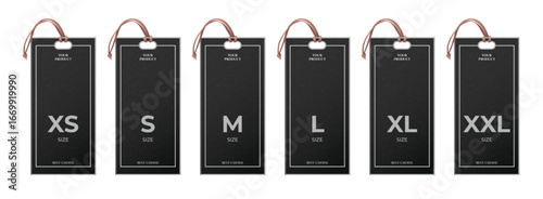 Realistic size tags. Black labels for premium clothes store, tag mockup with leather rope string small large medium extra xs s l xl xxl sizes luxury design 3d vector illustration