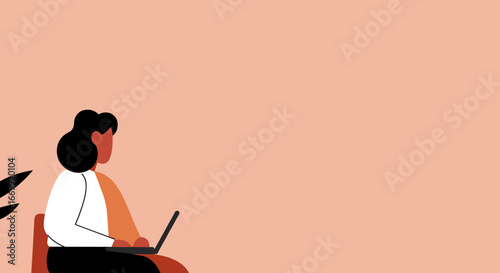Modern illustration of a person focused on a laptop, symbolizing remote work, online learning, or digital productivity with ample copy space.