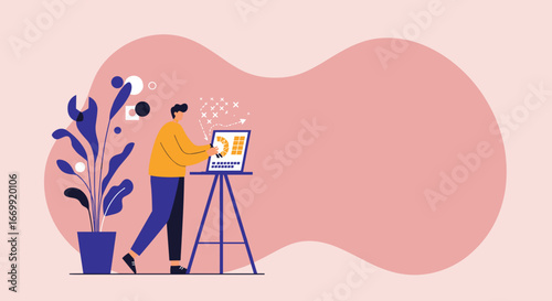 Man analyzing data and developing strategy on a laptop, representing business innovation, growth, and problem-solving in a modern, abstract environment.