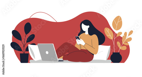 Relaxed woman working remotely or browsing online with a smartphone and laptop at home. Represents digital lifestyle, comfort, and connectivity.