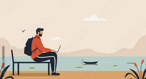Man working remotely on a laptop by a serene lake, embracing the digital nomad lifestyle and flexibility. Ideal for concepts of freedom, travel, or modern work.
