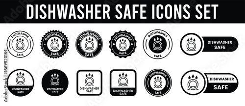 dishwasher safe design logo template illustration. dishwasher safe sign, logo, badge, icon, sticker, label, emblem, stamp, symbol, black, line, flat vector, isolated illustration.