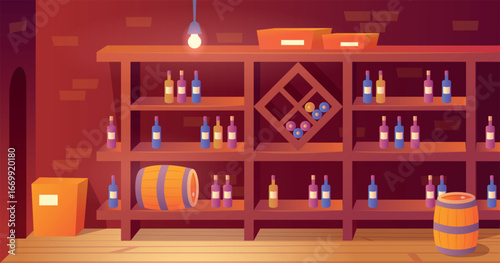 Wine cellar interior. Cartoon cellar, home vault room with wine wood barrels and bottles shelf rack inside drink bar alcohol store or house basement background vector illustration