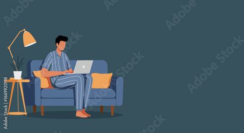 Man in pajamas comfortably working on a laptop from home, embodying remote work flexibility and modern lifestyle. Ideal for business or wellness themes.