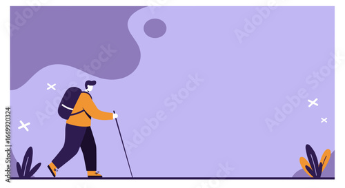 Stylized illustration of a person with a backpack and walking stick, enjoying an outdoor adventure. Represents travel, exploration, and an active lifestyle.