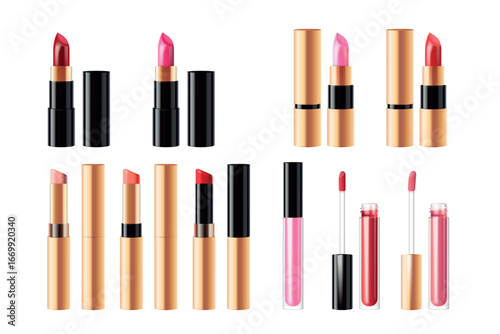 Realistic lipstick. Lip balms and glosses cosmetics product mockup, red pink tint lip stick black container fashion makeup cosmetic package, 3d isolated exact vector illustration