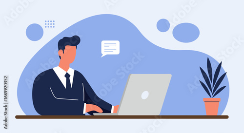Professional man in a suit diligently working on a laptop at a desk, symbolizing business communication, remote work, and productivity.