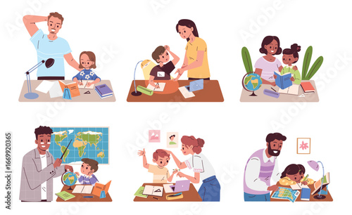 Parents help homework. Teacher teach school children, mother father study home work together kids parent assist tutor dad mom learning child education, classy vector illustration