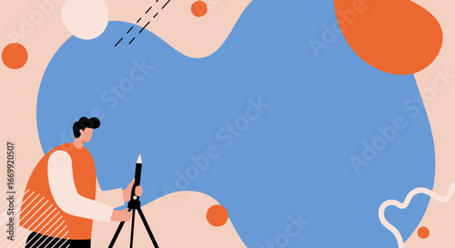 Stylized man engages in creative work with a digital pen on an abstract, modern background, ideal for design, technology, or educational concepts.