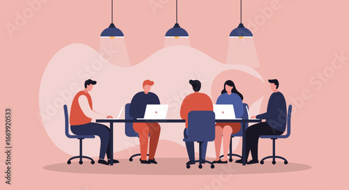 Diverse business team collaborating in a modern office meeting, working on laptops. Ideal for concepts of teamwork, productivity, and professional development.