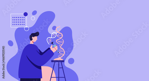 Scientist analyzing a DNA double helix model, representing genetic research, biotechnology, and scientific advancement. Ideal for healthcare, education, and innovation concepts.