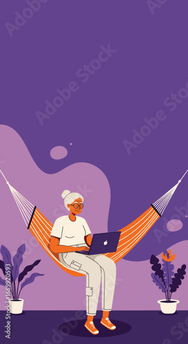 An elderly woman with glasses relaxes in a hammock, diligently working on her laptop. Represents remote work, modern seniors, and a leisurely lifestyle.