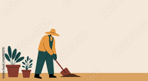 A person in a hat and overalls digs soil with a shovel, ready for planting next to potted plants. Represents home gardening, sustainable living, and leisure.