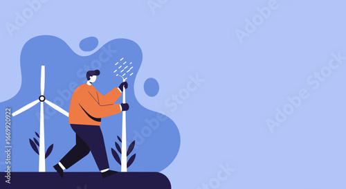 Person tending to a plant near a wind turbine, symbolizing renewable energy and environmental care for a sustainable future.