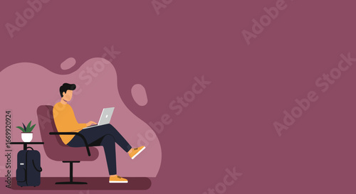 Man working on a laptop in a modern lounge or waiting area, embodying remote work, digital nomad lifestyle, and travel productivity.