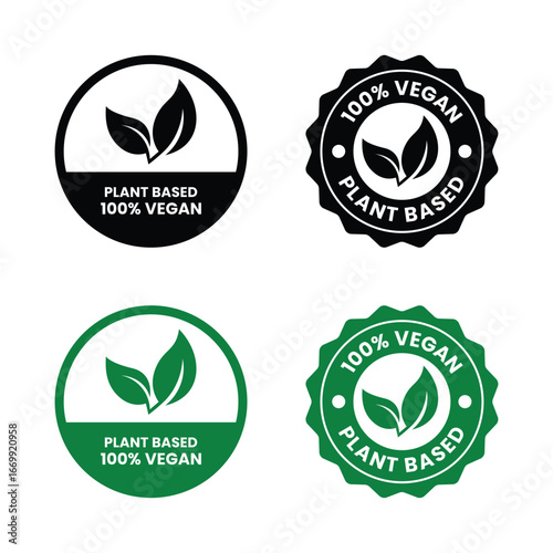 100 percent Vegan plant based labels vector set. 100 percent Vegan plant based stamp icons. Isolated vegetarian symbol collection. Packaging badges design, vector illustration.