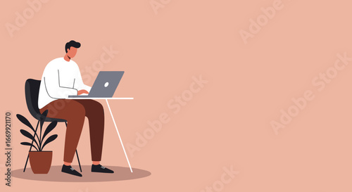 Young man focused on working remotely or studying on his laptop at a minimalist desk. Ideal for business, technology, education, or modern lifestyle themes.