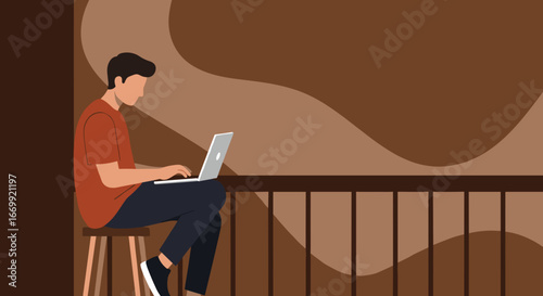 Young man focused on his laptop, embodying remote work, online learning, or digital productivity in a modern casual setting.
