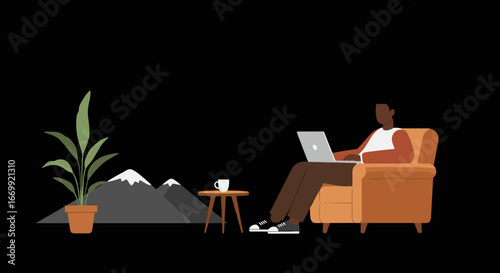 Man works remotely on a laptop in a cozy armchair, embracing flexible work-life balance and modern digital lifestyle. Ideal for business and travel concepts.