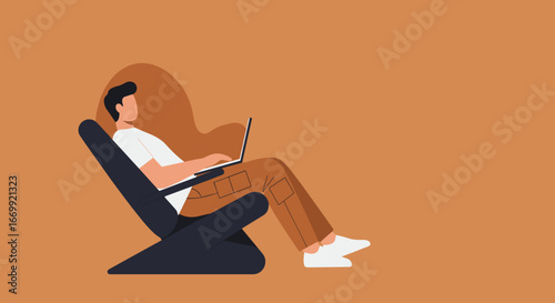 Man comfortably working on a laptop while relaxing in a modern chair, illustrating remote work, online learning, or a digital lifestyle.