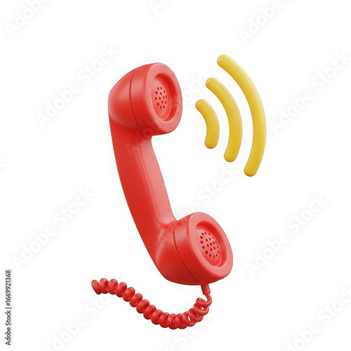 Retro red telephone handset with incoming call signal waves isolated on transparent background