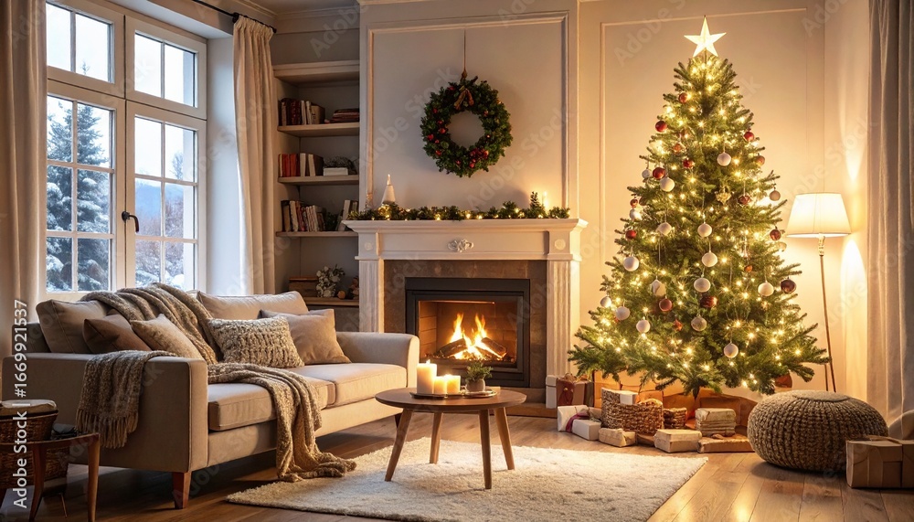 Fototapeta premium Christmas tree glows warmly in cozy living room with fireplace, creating a festive and inviting holiday atmosphere.