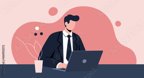 Professional businessman working diligently on his laptop in a modern office setting. Ideal for themes of productivity, remote work, technology, and corporate success.