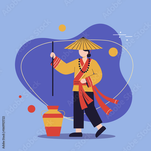 Person in traditional East Asian attire with conical hat and staff, standing next to a decorative pot. Represents culture, travel, and heritage.
