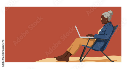 Mature Black woman working remotely on her laptop, relaxing in an outdoor chair. Symbolizes digital lifestyle, flexible work, and modern retirement.