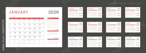 Set of 12 Pages Monthly Calendar Planner Templates on 2026 year. Vector mockup of a wall or desktop calendar organizer grid with the week starting on Sunday ready print. Page for size A4 -21x29.7 cm
