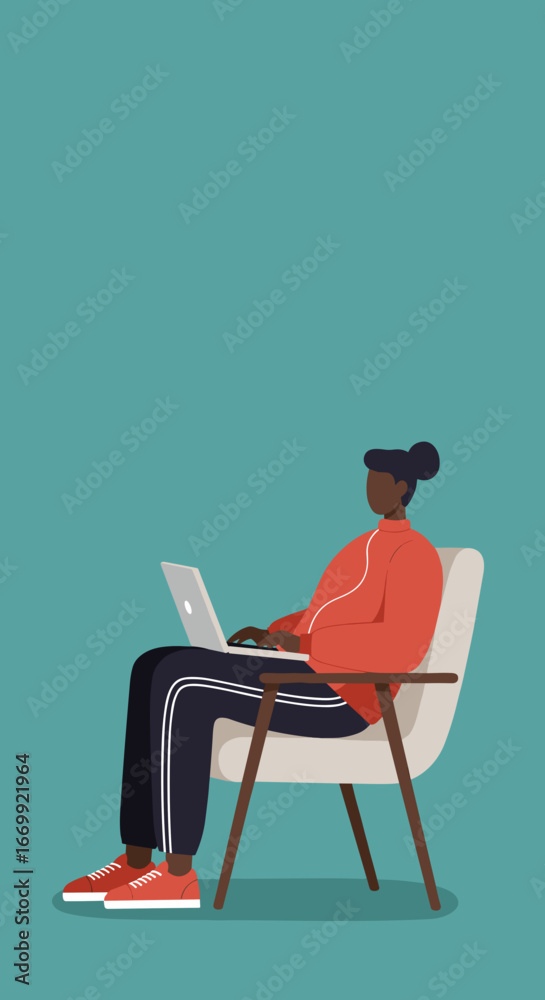 Fototapeta premium Person of color working remotely on a laptop in a comfortable chair, showcasing modern work-from-home lifestyle, productivity, and focus.