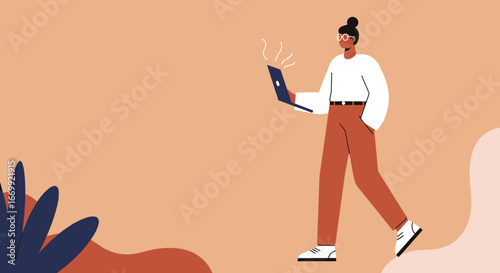 Modern person walking and working on a laptop, symbolizing remote work, digital nomad lifestyle, and portable productivity. Ideal for business, technology, and lifestyle concepts.