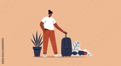 Modern traveler stands with rolling luggage, ready for adventure or vacation. Ideal for depicting journeys, travel planning, lifestyle, and global exploration.