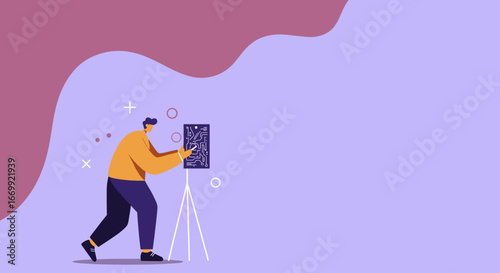 Man examining a circuit board on a tripod, symbolizing innovation, engineering, and technological development. Ideal for tech, business, and educational content.