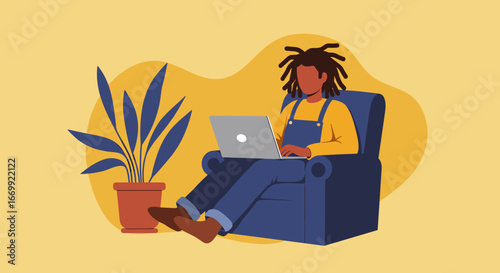 A relaxed person with dreadlocks works remotely on a laptop in a comfortable armchair at home. Ideal for freelance, online education, and modern lifestyle concepts.