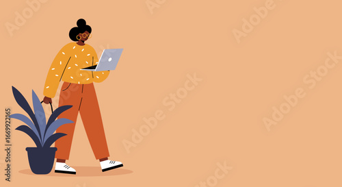 Modern woman balancing remote work and a green lifestyle, carrying a laptop and a potted plant. Ideal for themes of relocation, new beginnings, or hybrid work environments.