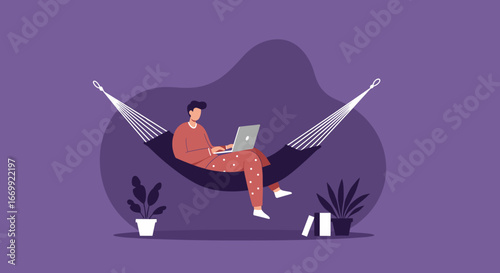 Man in pajamas relaxing in a hammock while working on a laptop. Depicts remote work, flexible lifestyle, and comfortable productivity at home.