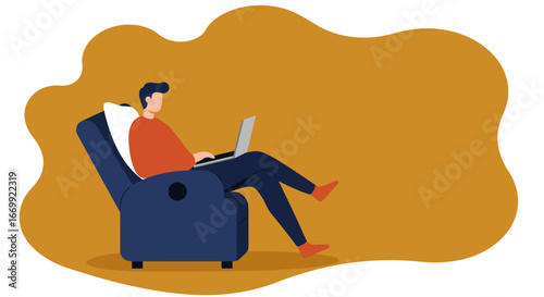Person comfortably working on a laptop in a recliner at home. Captures remote work, online learning, leisure, and a relaxed lifestyle.