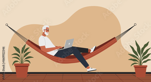 Relaxed senior man working on laptop in a comfortable hammock, representing remote work, flexible lifestyle, and leisure with technology.
