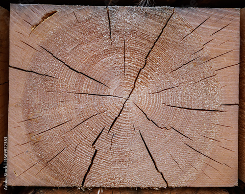 The end part of a wooden beam. Detailed texture of the beam.