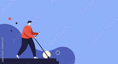 Man pushing a ball with a stick, symbolizing effort, progress, and problem-solving in a minimalist abstract setting. Ideal for business concepts.