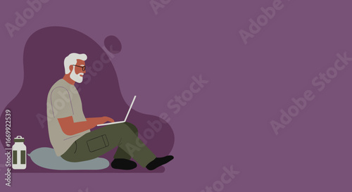 An older man with a white beard and glasses works comfortably on a laptop, representing remote work, digital lifestyle, and modern senior living. Ideal for technology and lifestyle themes.