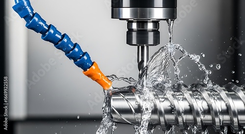 Close-up of a metalworking machine tool with coolant water spraying from a drill bit onto a precisely machined metal part, showcasing precision and manufacturing processes.