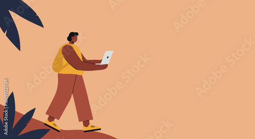 Person walking with a laptop outdoors, illustrating remote work, digital nomad life, or flexible travel. Ideal for technology, lifestyle, and business concepts.