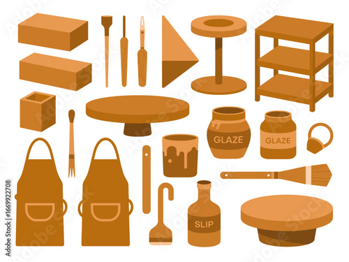 Pottery Equipment and Supplies Illustration Featuring Aprons Glaze Slip Clay Bricks Wheels and Various Tools for Ceramic Art