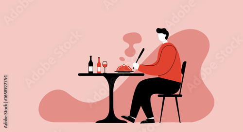 Illustration of a person about to enjoy a steaming meal with wine at a restaurant table. Represents dining, leisure, and a sophisticated lifestyle.